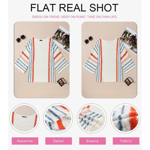 Women's 2024 Fall Casual Block Striped Comfy Cable Knit Trendy Pullover Sweaters - Picture 4 of 6